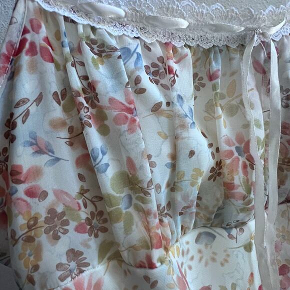 Vintage Y2K Rave Floral Empire Waist Midi Dress Lace Trim Cottagecore Size M-L - Picture 4 of 9